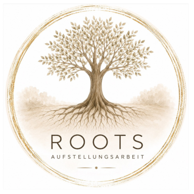 Logo mit einem Baum und dem Text „ROOTS AUFSTELLUNGSARBEIT“ darunter.