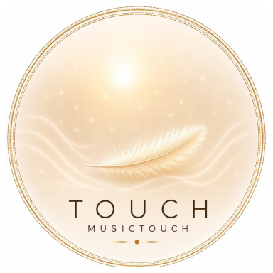 Runder, schimmernder Logo mit dem Wort "TOUCH" und einer stilisierten Feder.