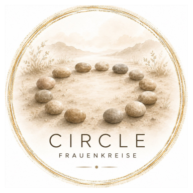 Kreis aus Steinen auf sandigem Boden, umgeben von sanften Hügeln, mit dem Text „CIRCLE FRAUENKREISE“.