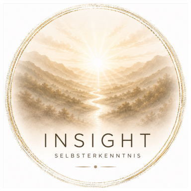 Weg durch sanfte Hügel mit der Aufschrift "INSIGHT Selbstkenntnis" in sanften Farben.